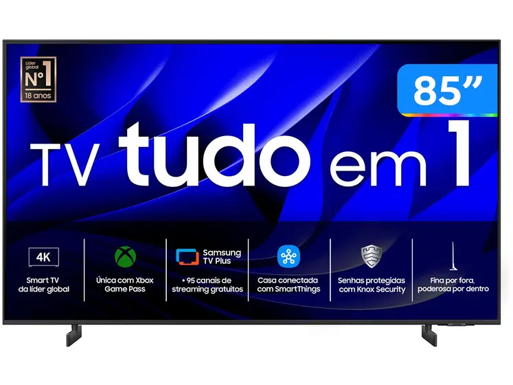 Smart TV 85” 4K Samsung Ultra HD 85DU8000 com processador Crystal 4K, Gamig Hub, AI Energy Mode, Alexa built in, Wi-Fi, Bluetooth, USB e HDMI